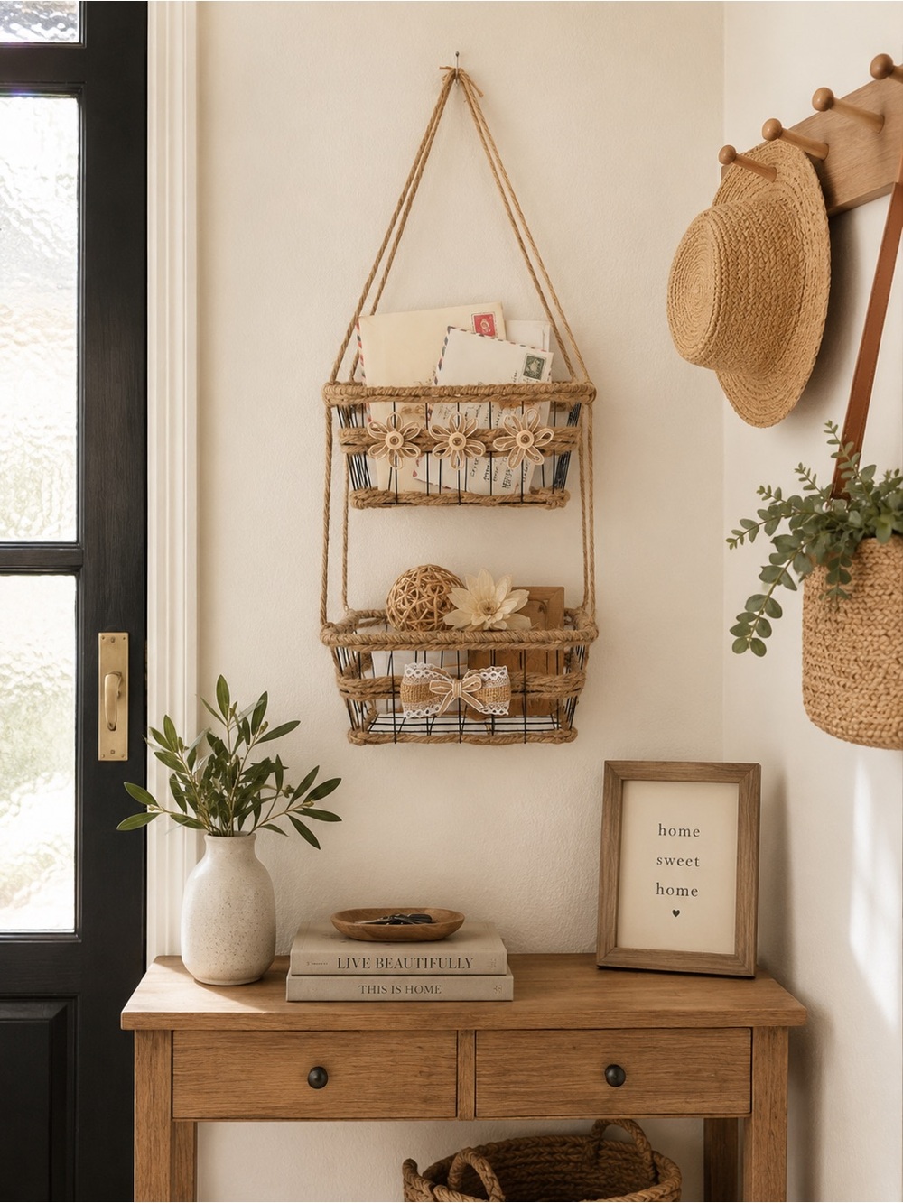 Woven Hanging Two-Tier Wall 9” W x 7” D Basket - Natural Brown